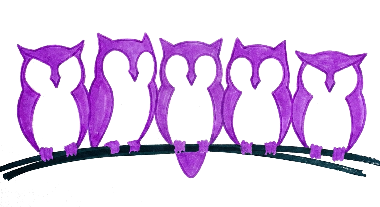 A flock of owls, all purple