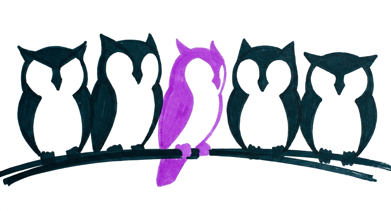 A row of navy owls on a wire, one purple owl among them